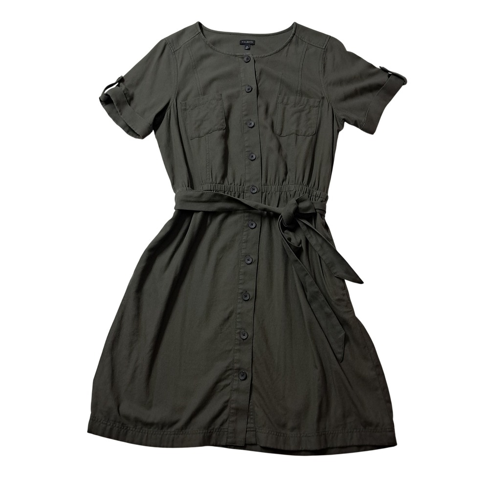 Talbots Shirt Dress Womens 14 Olive Green Button Front Belted Utility Work Fall